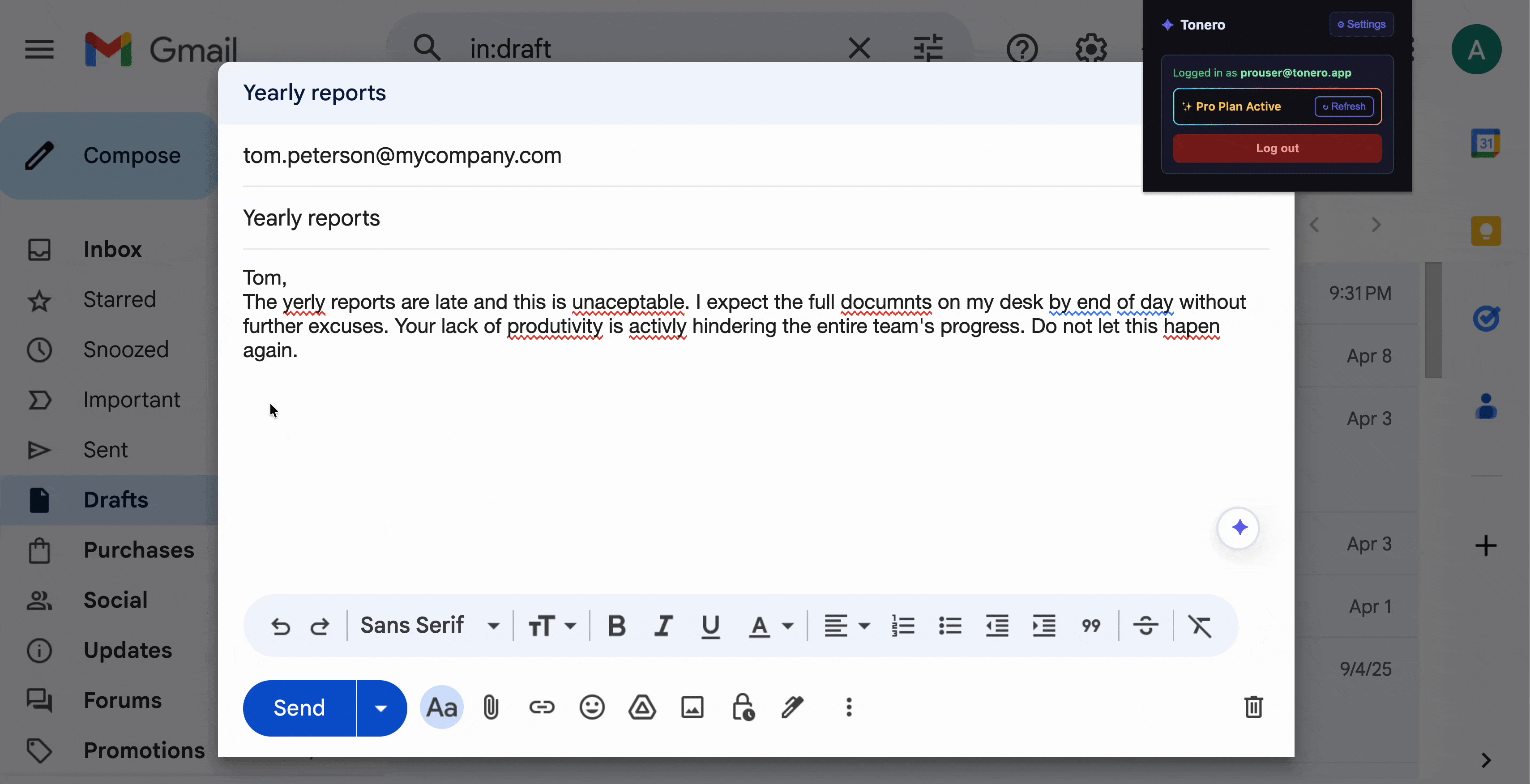 Tonero rewriting a Gmail message to a friendly tone