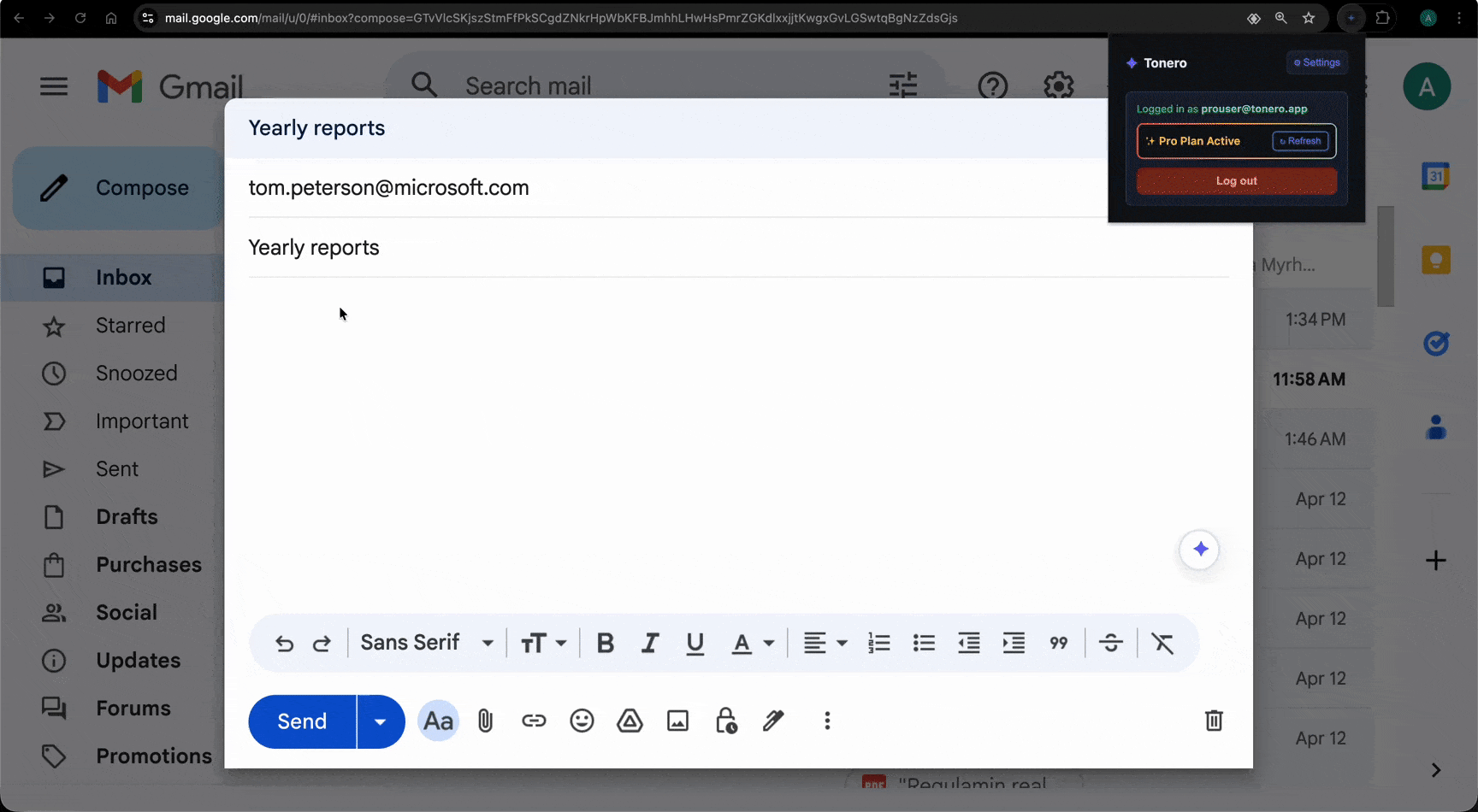 Tonero rewriting a Gmail message to sound confident and assertive