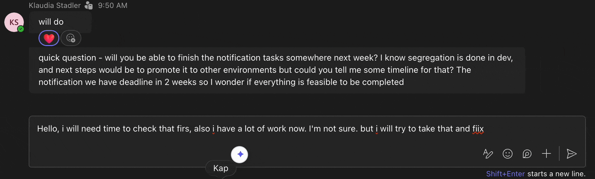Tonero rewriting a Microsoft Teams message to a professional tone in one click