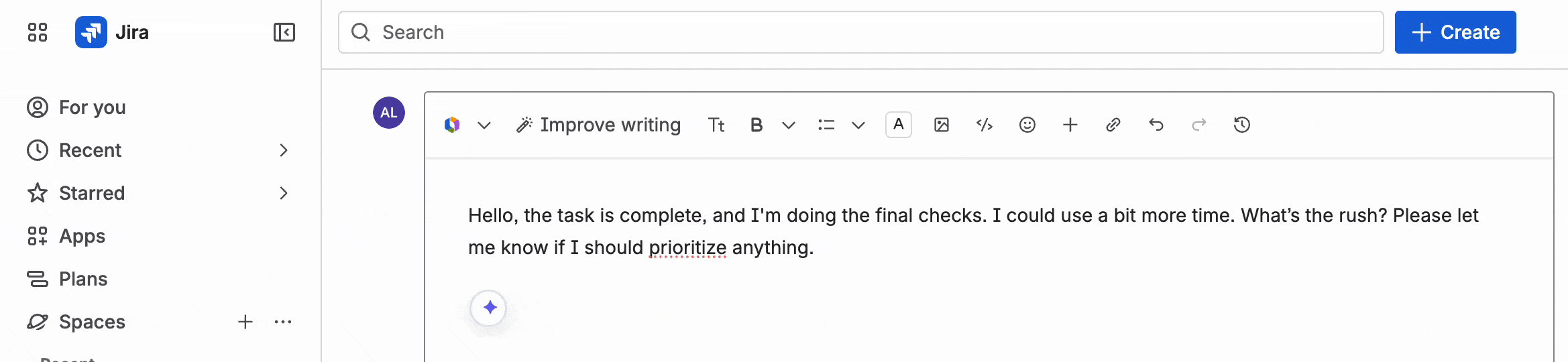 Tonero rewriting a Jira comment to a friendly, professional tone in one click