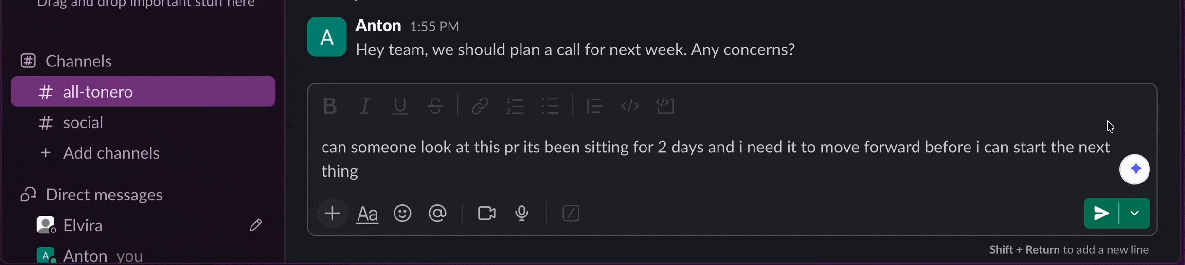 Tonero rewriting a long-winded Slack message into a short, direct message